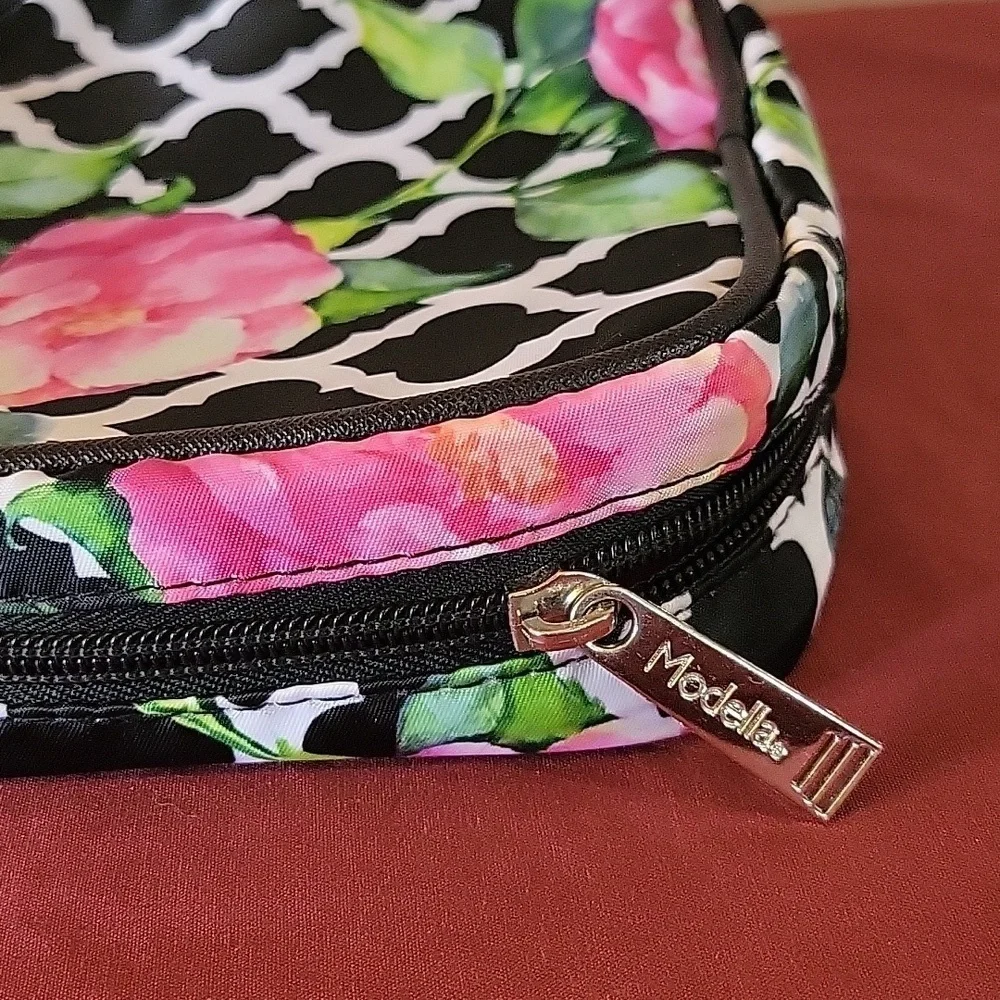 Modella Makeup Cosmetic Travel Bag Zippered Pouches Pink Black Floral